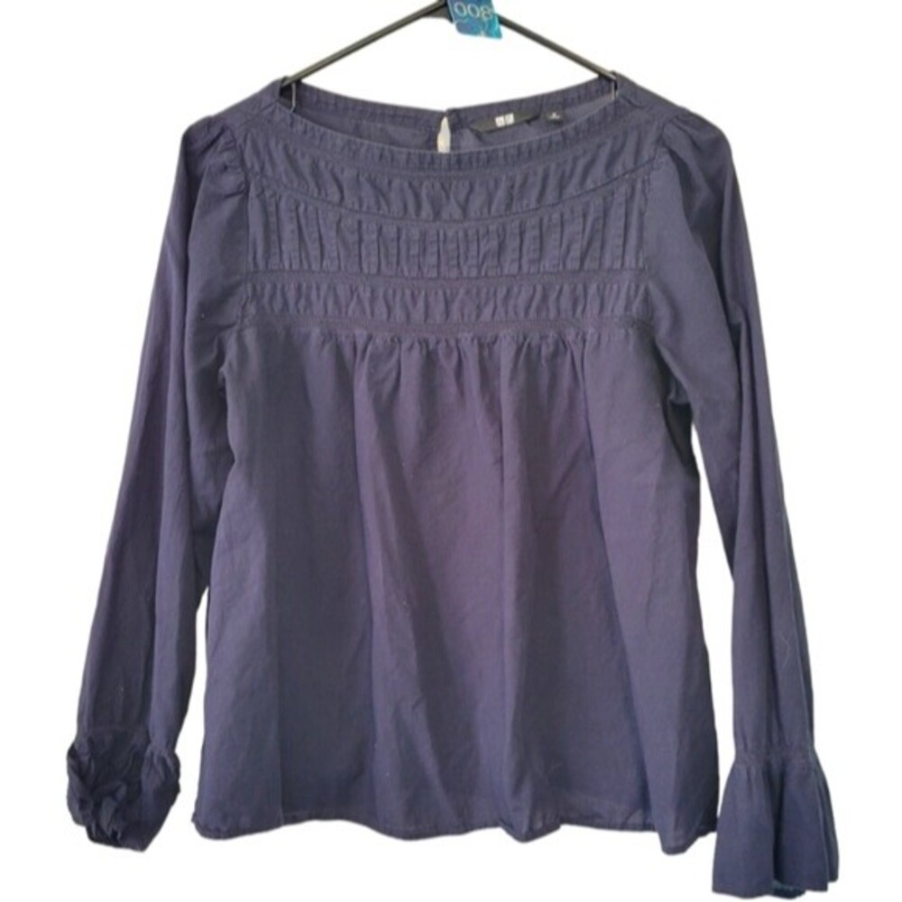 Uniqlo Navy Cotton Blouse Bell Sleeve Boho Size Medium